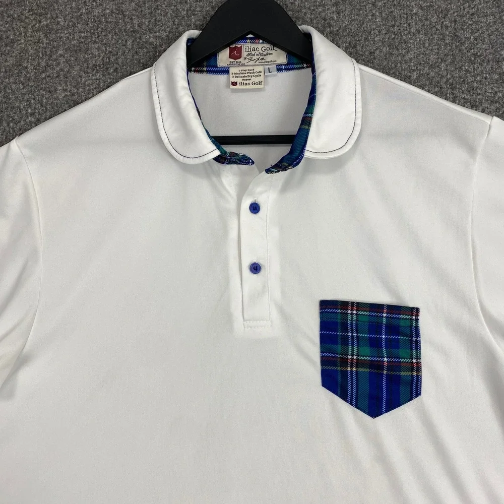 Iliac Golf Polo Mens L Blue Plaid USA Rare Luxury Sportswear Performance Shirt